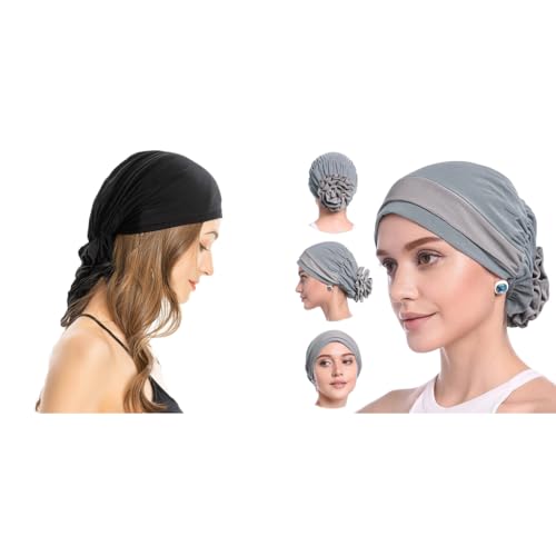 PALAY® Cotton Chemo Caps for Women Combo, Elastic Pre-Tied Slip On Head Scarf & Stretchy Turban Beanie, Cancer Headwear for Hair Loss, Headwrap for Yoga, Sleep & Daily Use - Black & Grey PALAY® Cotton Chemo Caps for Women Combo, Elastic Pre-Tied Slip On Head Scarf & Stretchy Turban Beanie, Cancer Headwear for Hair Loss, Headwrap for Yoga, Sleep & Daily Use - Black & Grey